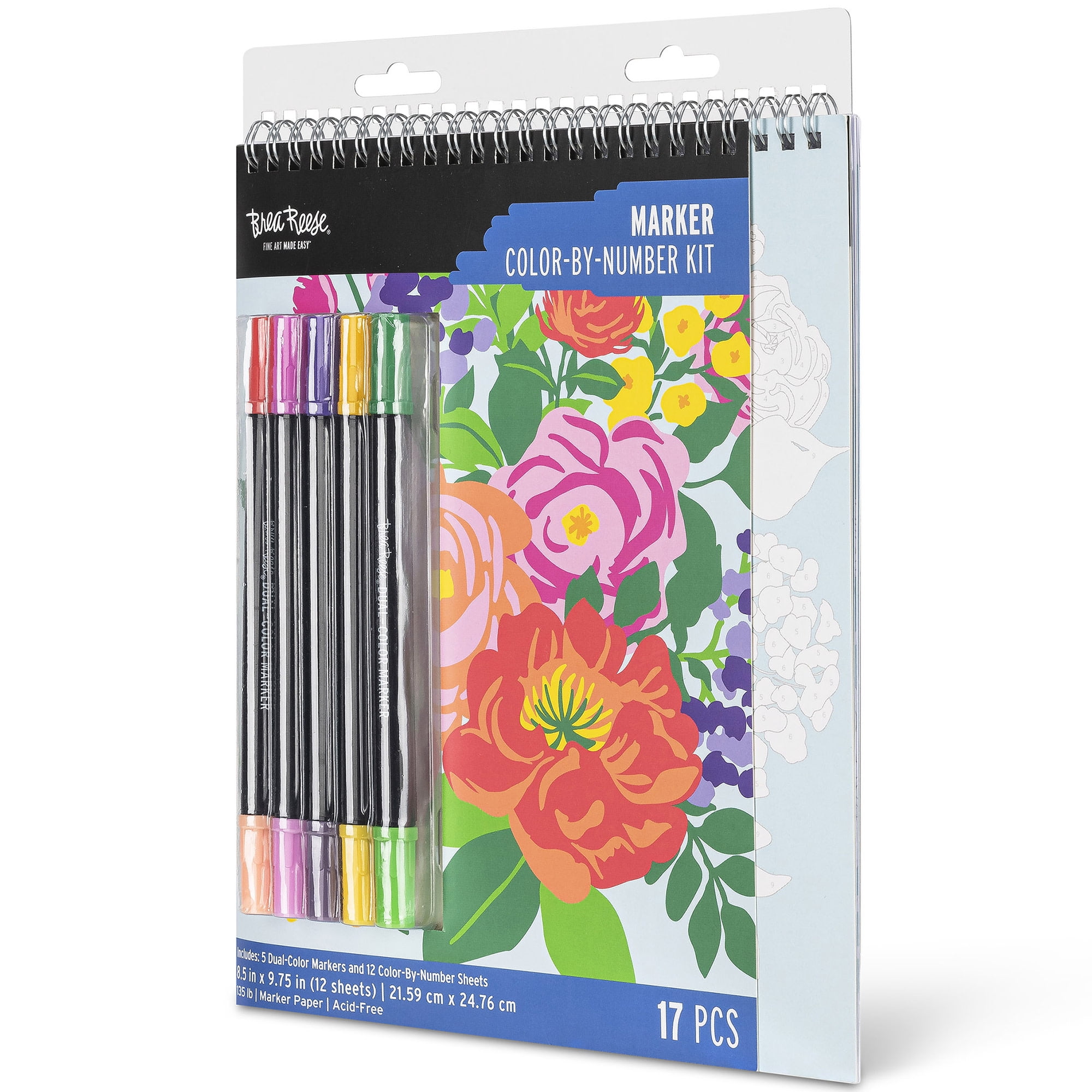 Brea Reese: Marker Color-by-Number Kit - Fruit & Floral - 5 Dual-Tip Markers, 12 Bright Designs, Guided Art, 8.5 x 9.75" Pages, Adult Spiral Art Pad