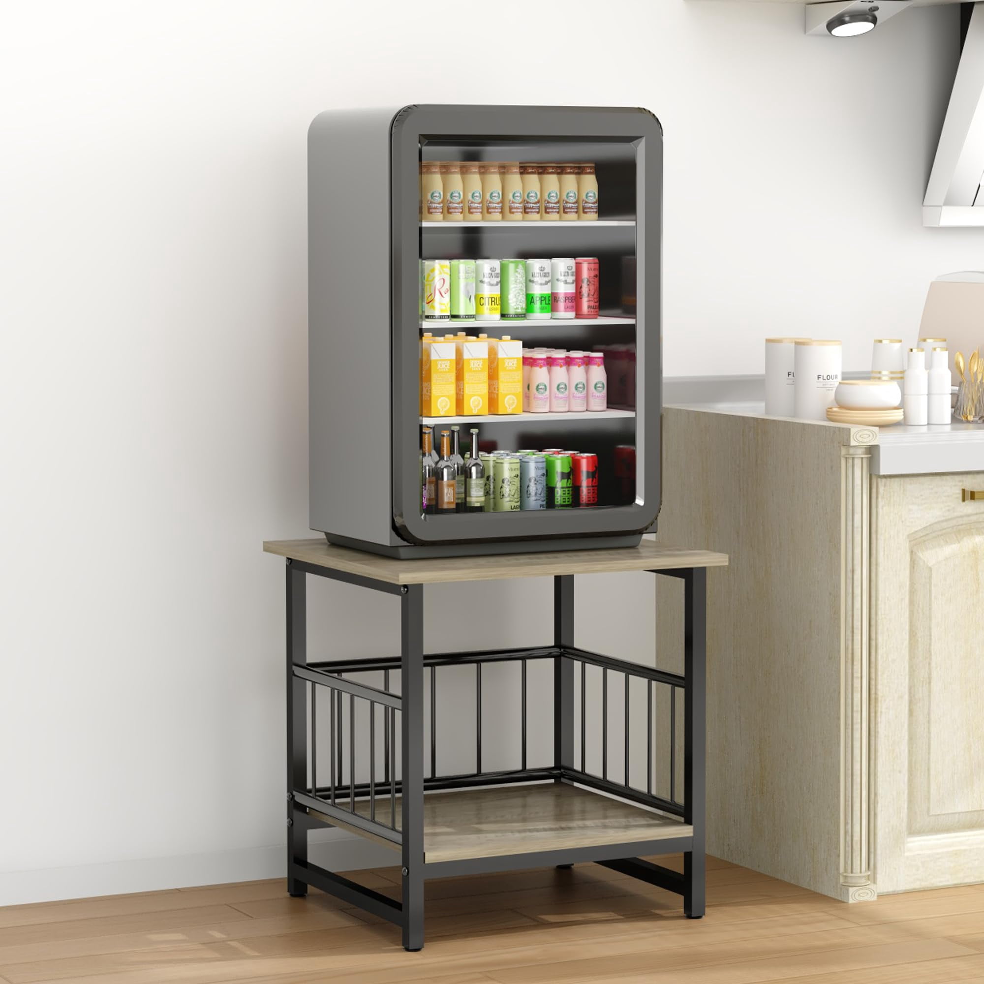 End Table  Industrial Side With 2-tire Storage Shelf 180lbs Mini Fridge Stand Adjustable Feet 18"x18" Wood Night Small Bedside For Living Room Bedroom Grey