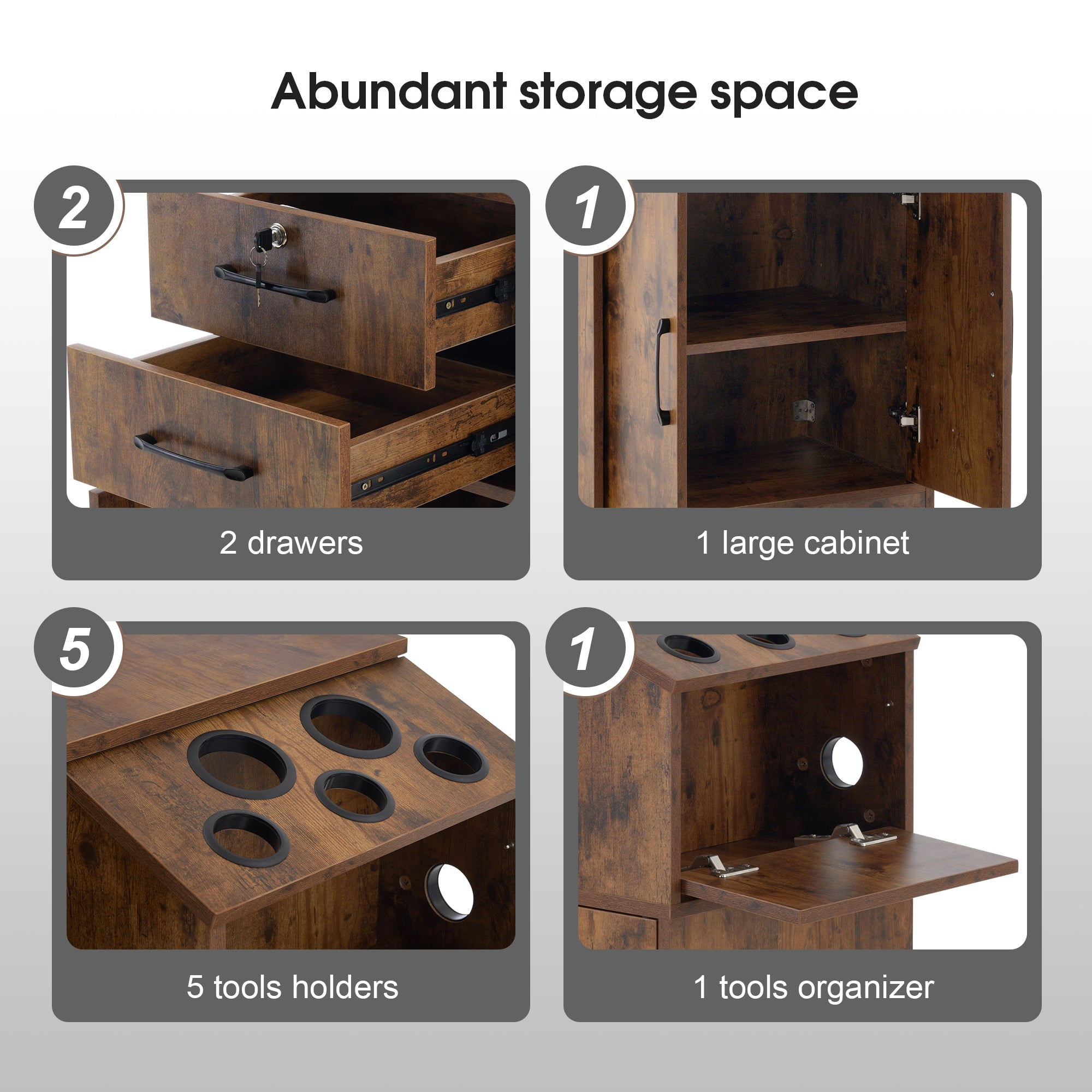 Beauty Spa Locking Storage Cabinets with Drawers, Hair Stylist Holders, Salon Styling Station for Hair Stylist, Brown