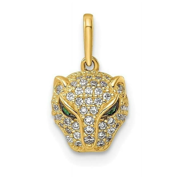 Finest Gold 14K Yellow Gold Polished Green & White CZ Lioness Head Pendant