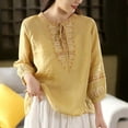 thumbnail image 2 of DDAPJ pyju Cotton Linen Shirts for Women Summer Trendy Boho Tops Lace Up Embroidered Peasant Blouses 3/4 Sleeve Casual Dressy Shirt Ofertas de Hoy Yellow L, 2 of 7