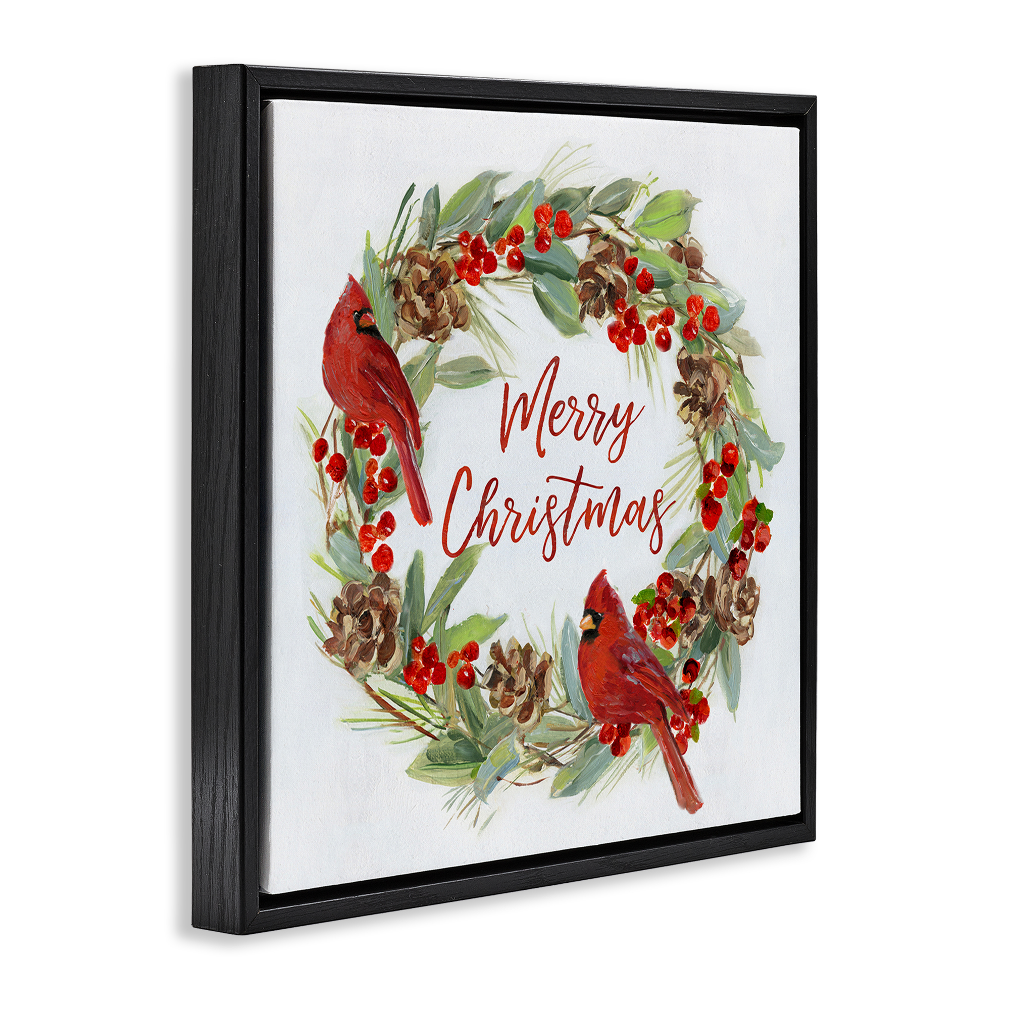 Stupell Industries Cardinals & Merry Christmas Holiday Painting Black Floater Framed Canvas Art Prints Wall Art, 18 x 18