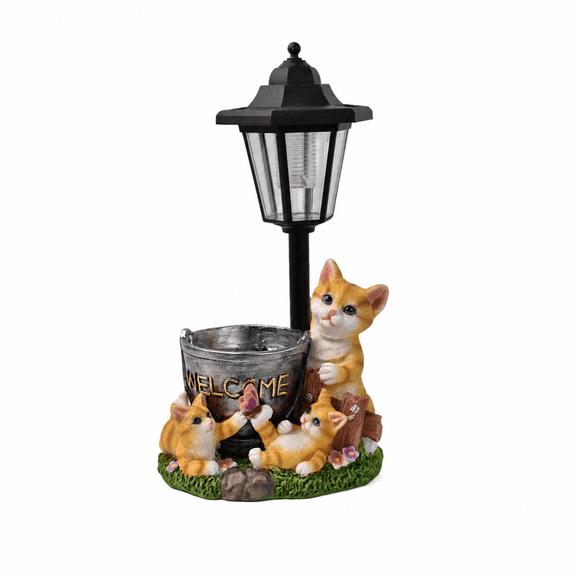 Solar Cat Garden Light with Welcome Planter, Cute Cat Family Outdoor Lantern Decor, Warm LED Solar Light for Patio, Porch, Lawn, Pathway and Garden