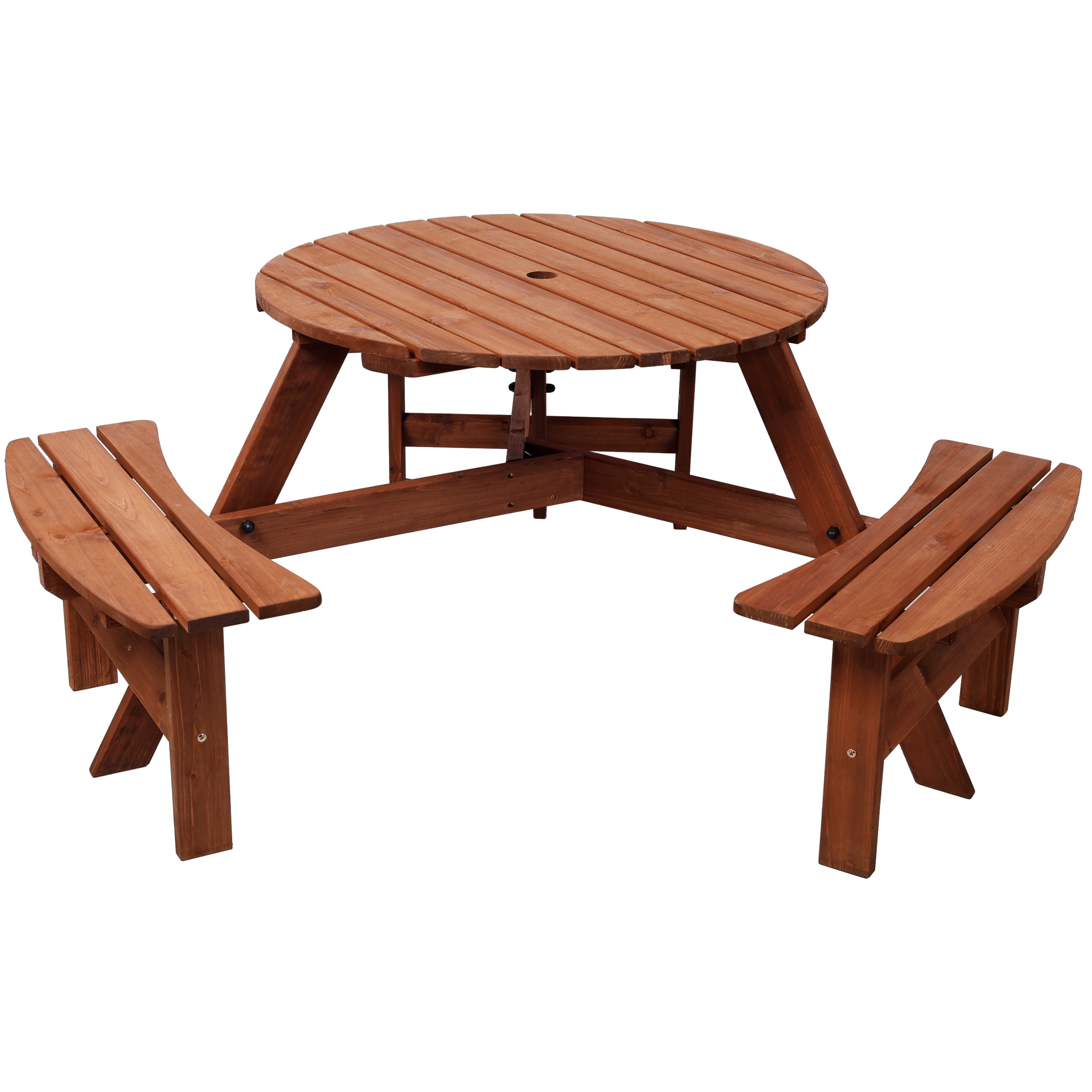 Leumius 6-Person Outdoor Wooden Picnic Table with 3 Built-In Benches &Umbrella Hole,Circular Camping Dining Table for Garden Patio Backyard