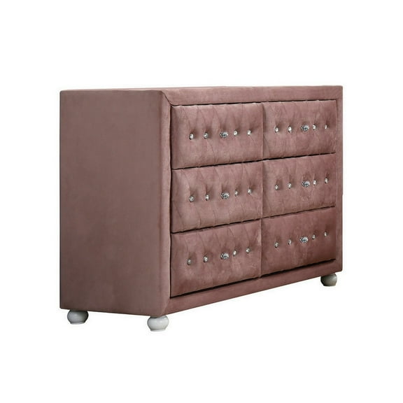 Rex 40 Inch Modern Upholstered Dresser 6 Drawers Crystal Handles Pink