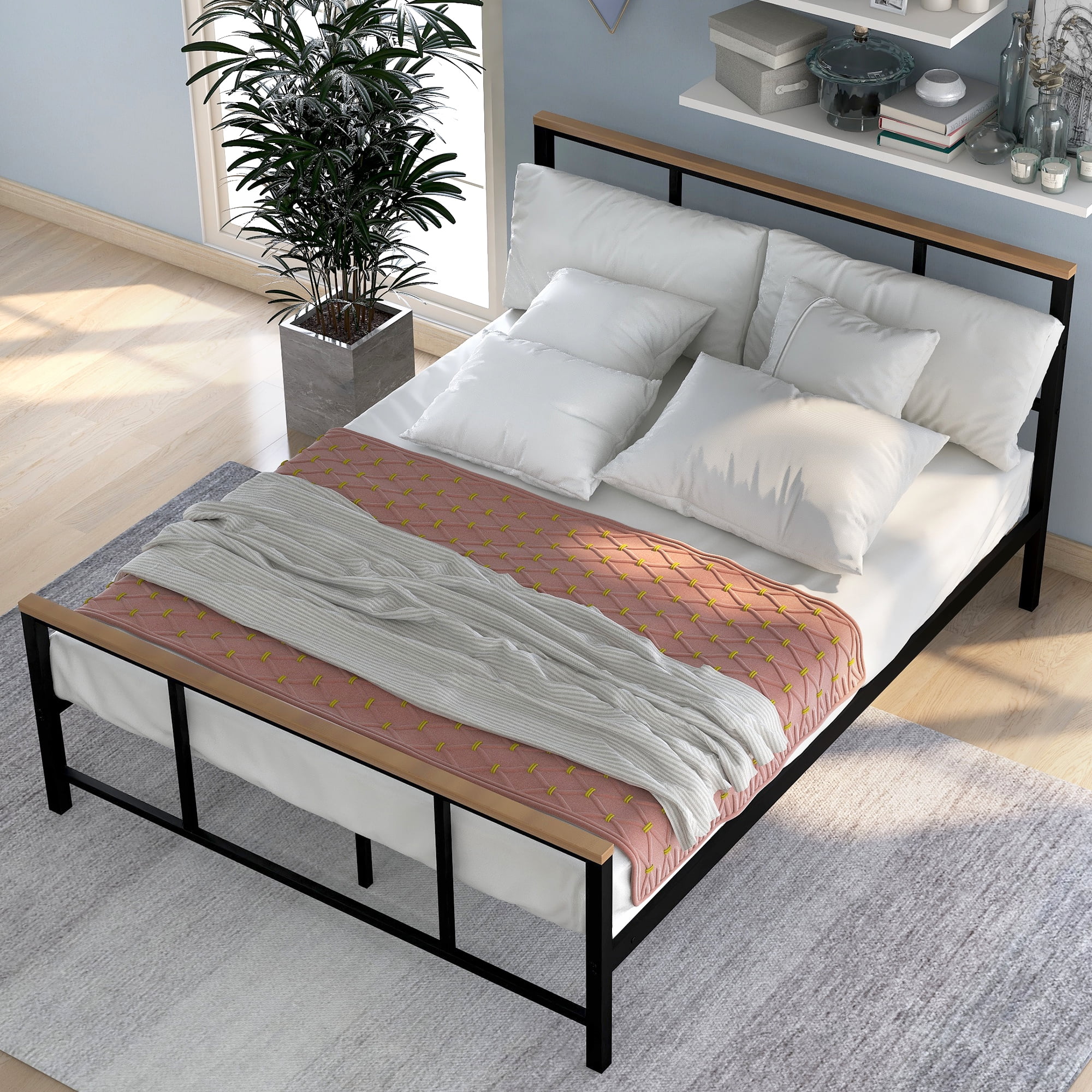 Kepooman Modern Queen Size Metal Bed Frame with Wood Decoration, Platform Bed with Headboard and Footboard, Black Kepooman Modern Queen Size Metal Bed Frame with Wood Decoration, Platform Bed with Headboard and Footboard, Black