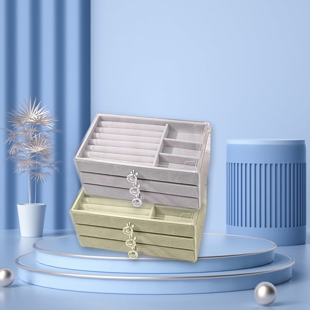 Caja de joyería acrílica con cajones - Organizador de terciopelo de 3 capas para pendientes, collares y anillos, 22x13x10,5cm, gris beige