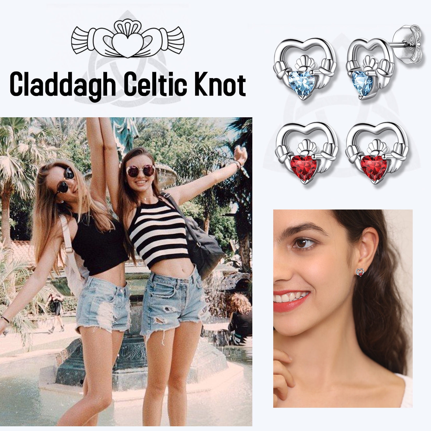 Suplight 925 Sterling Silver Claddagh Heart Earrings with Birthstone, Irish Celtic Jewelry for Women