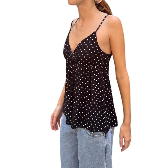 Women'S Y2k Polka Dot Print Tank Top Spaghetti Strap Camisole Sheer Mesh Going Out Top Black L