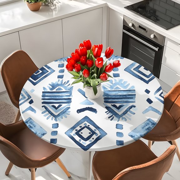 Blue Ethnic Style Elastic Fitted Round Tablecloth Retro Geometric Waterproof Outdoor Table Cover for Holiday Party, Picnic, Patio & Dining Fits Tables Up to 36"-44"