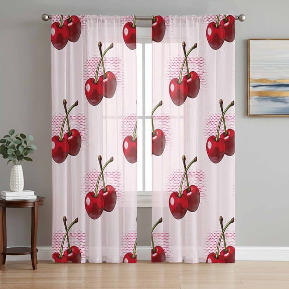 Pink Cherry Sheer Curtains 84 Inch Length 2 Panels Set, Farmhouse Watercolor Cherries Fruits Voile Window Treatment Rod Pocket Curtains Sheers Drapes for Bedroom/Living Room/Kitchen 52"x84"x2