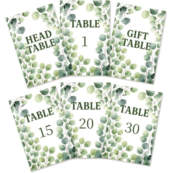 32 Pcs Wedding Table Numbers Cards 1-30 Eucalyptus Leaves Double Sided Wedding Table Numbers Signs with Head and Gift Table Card Party Gold