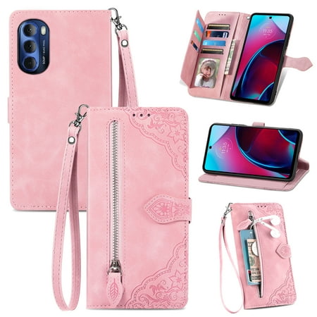 TECH CIRCLE For Motorola Moto G42 Wallet Case,Embossed Flower PU Leather Folio Flip Protective Zipper Wrist Strap RFID Blocking Card Holder Stand Case for Moto G42 6.4" 2022,Pink