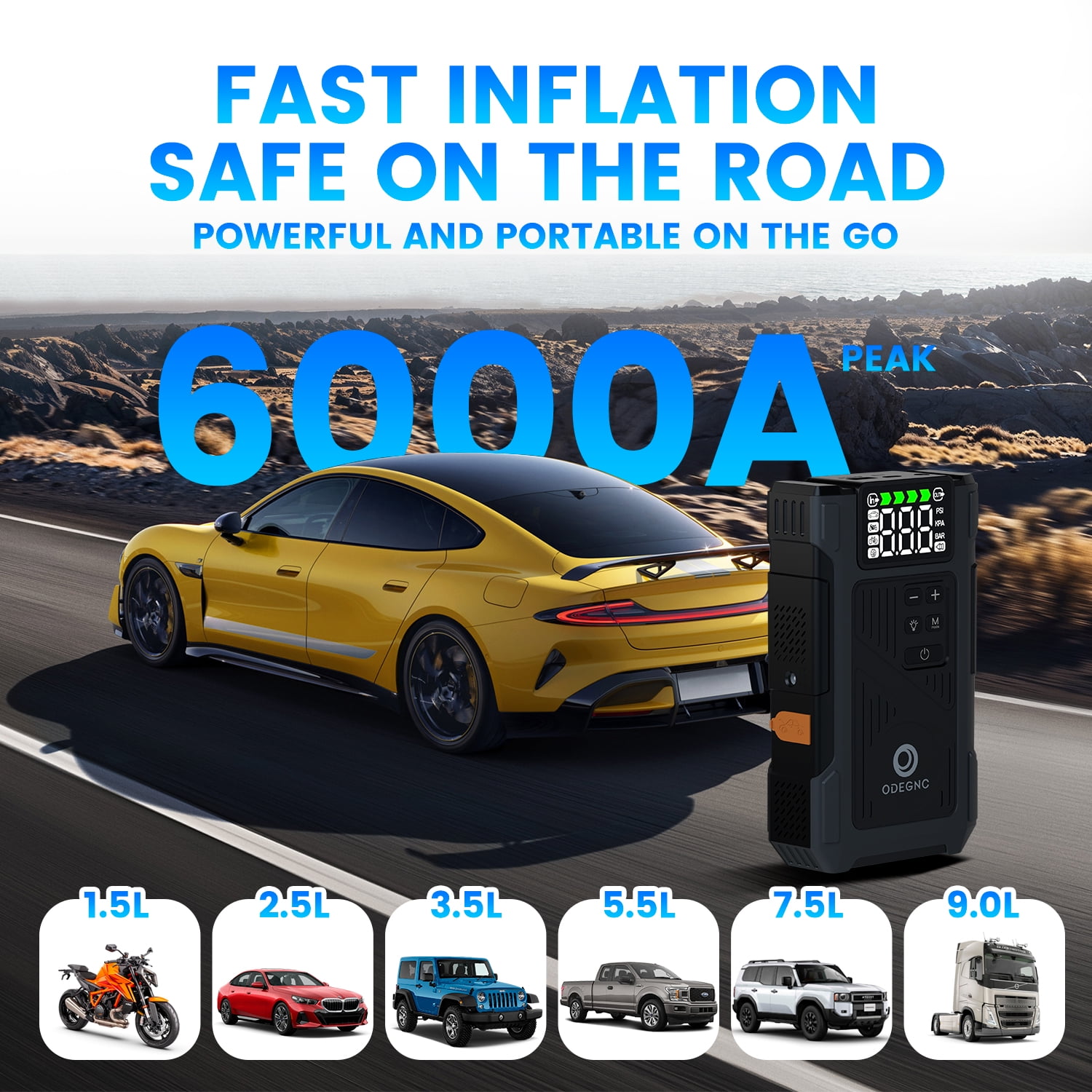 ODEGNC 6000A Heavy Duty Jump Starter and Air Compressor 25000mAh 12V Dual-Power Car Starter for SUV RV Van Diesel