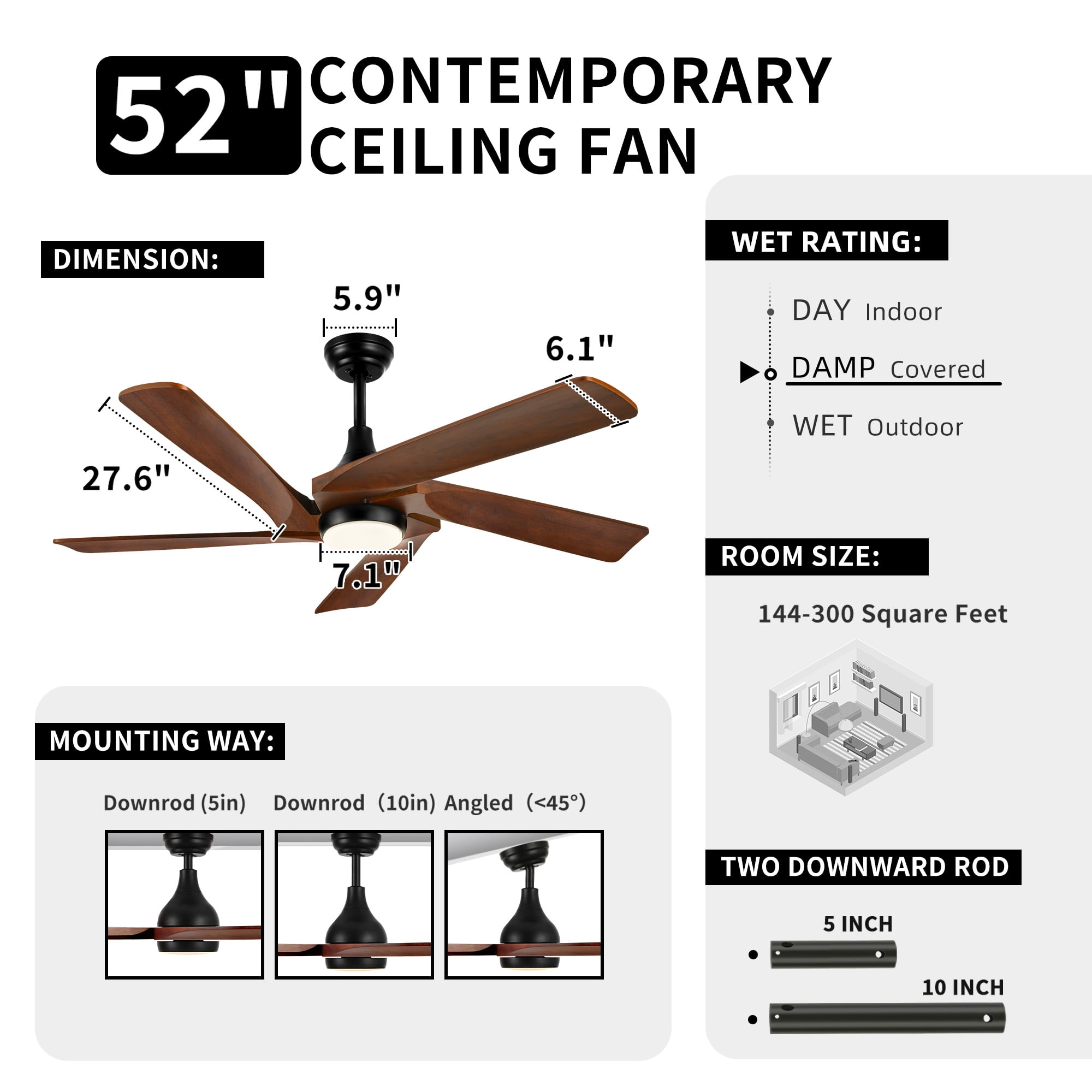 Dextrus 52'' Walnut Modern LED Downrod Indoor Reversible Ceiling Fan with Lights and Remote