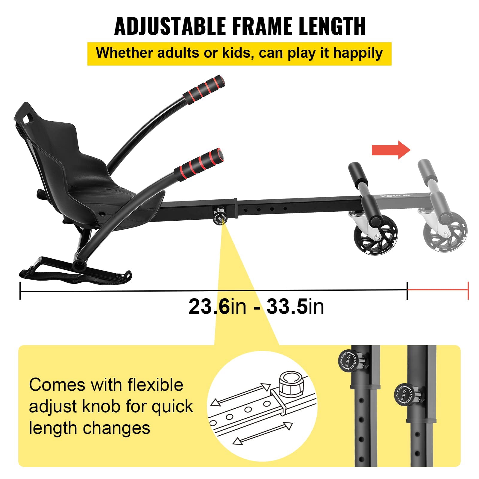 KFFKFF Hoverkart Seat Kit for 6.5'' 8'' 10'' Balance Scooters, Convertible Go-Kart with LED Lights for Children and Adults, Black, with Adjustable Frame