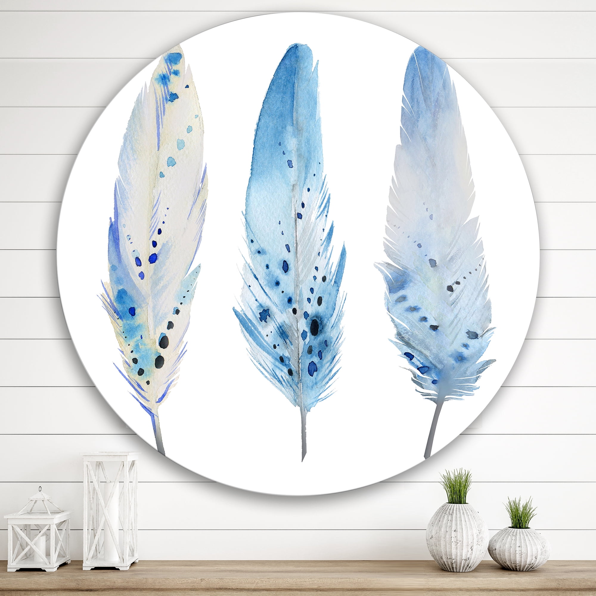 Designart 'Abstract Blue Boho Feathers II' Lake House Circle Metal Wall Art 29x29 - Disc of 29