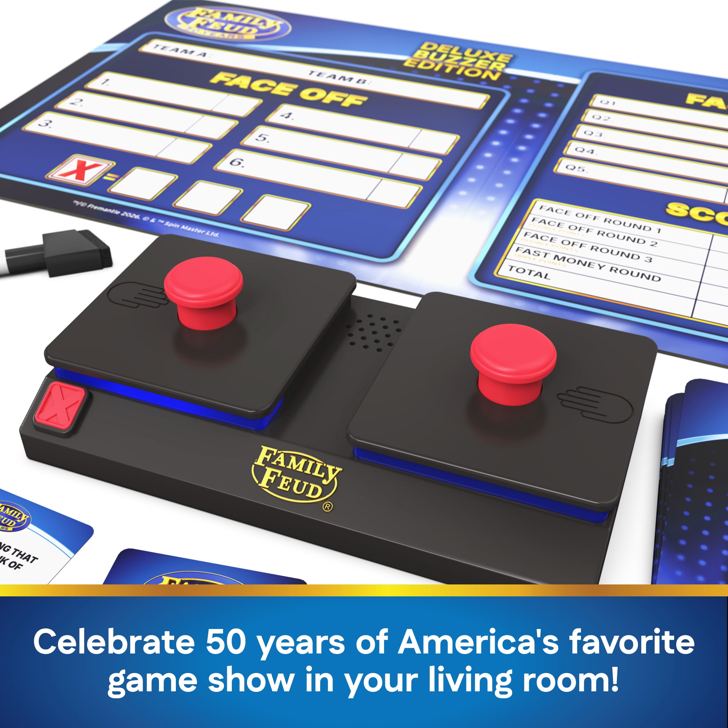 Spin Master Games, Family Feud: Deluxe Buzzer Edition, 50th Anniversary, Classic Survey Says Guessing Game for Family Game Night, Includes 2 Buzzers with Lights & Sounds, 3+ Players, for Ages 8 & Up