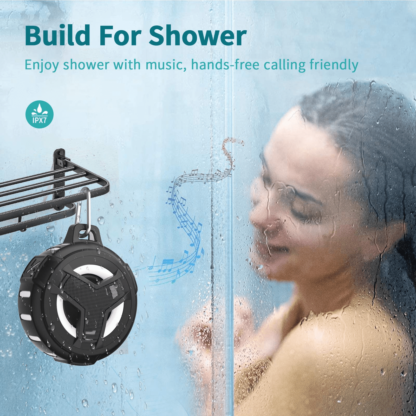 EBODA Bluetooth Shower Speaker, IPX7 Waterproof Portable Bluetooth Speakers, Wireless Speaker with LED Light, Floating, 2000mAh, True Wireless Stereo for Kayak, Beach, Gifts for unisex -Black