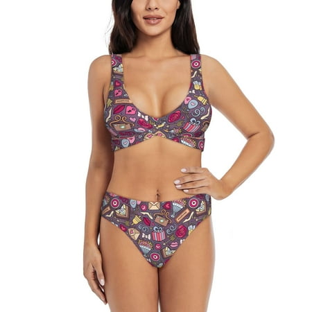Zeuib Doodles Wedding High Waisted Tummy Control Bikini Set - Knot Front Push Up Top & Cheeky Thong Bottom  Two-Piece Swimsuit for Women-Small