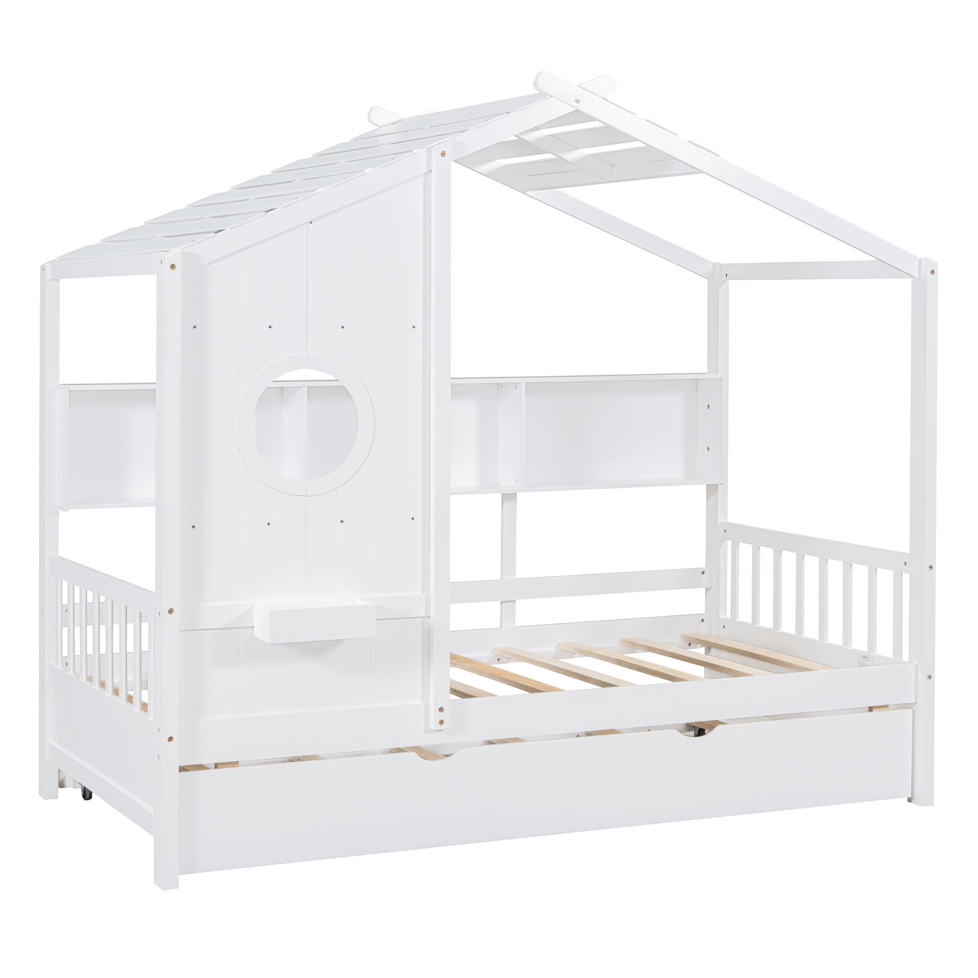 Harper & Bright Designs Wooden Twin Size House Bed Frame with Trundle and Storage Shelves, House-Shaped Beds with Roof and Window Design for Girls Boys Bedroom, White