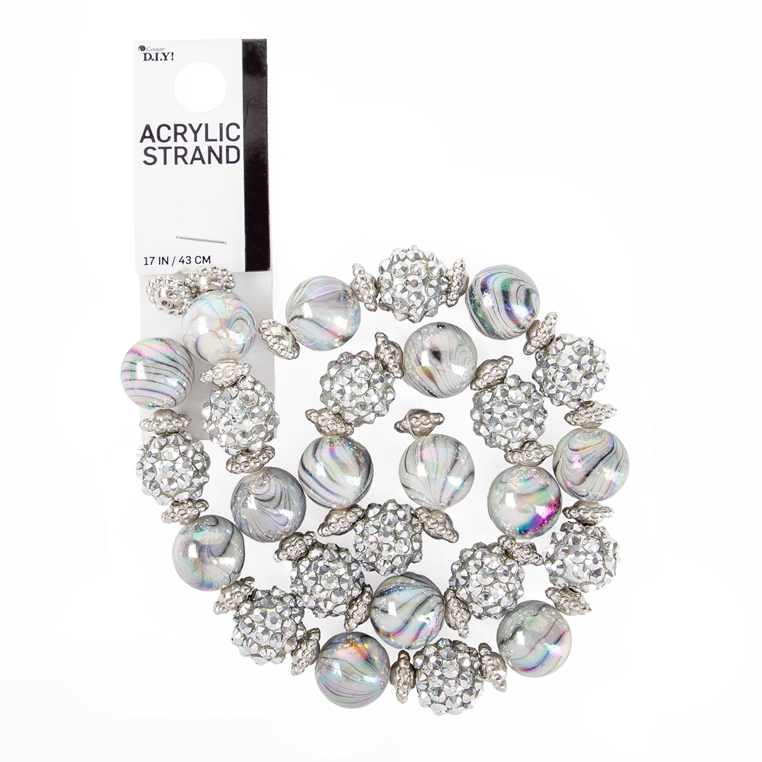 (2 pack) Cousin DIY 17-Inch Acrylic Shamballa Loose Bead Strand - 62 Silver and White Beads - Unisex Crafting Supplies
