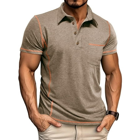 Shirts for Men DYTTDG Men s Solid Lapel Button Short Sleeve T-Shirt with Pocket Tee Casual Golf Pullover Shirt Khaki XXXL