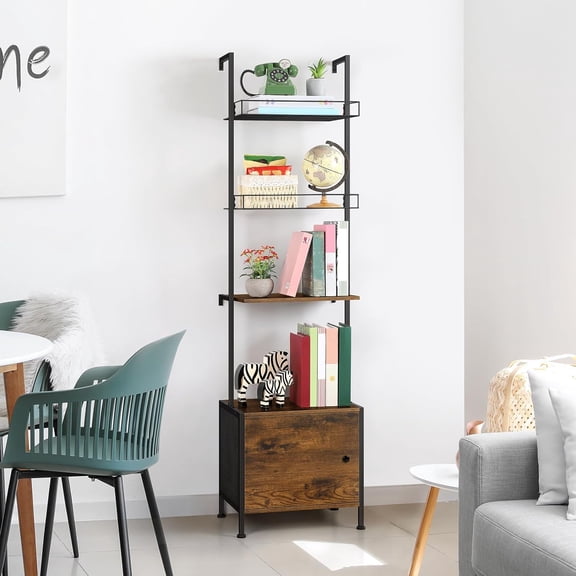 4 Tier Ladder Bookshelf with Drawers Wall Mounted Storage Shelves Wooden Ladder Shelf with Cabinet Display Bookcase for Living Room Bedroom Home Office Kitchen Brown