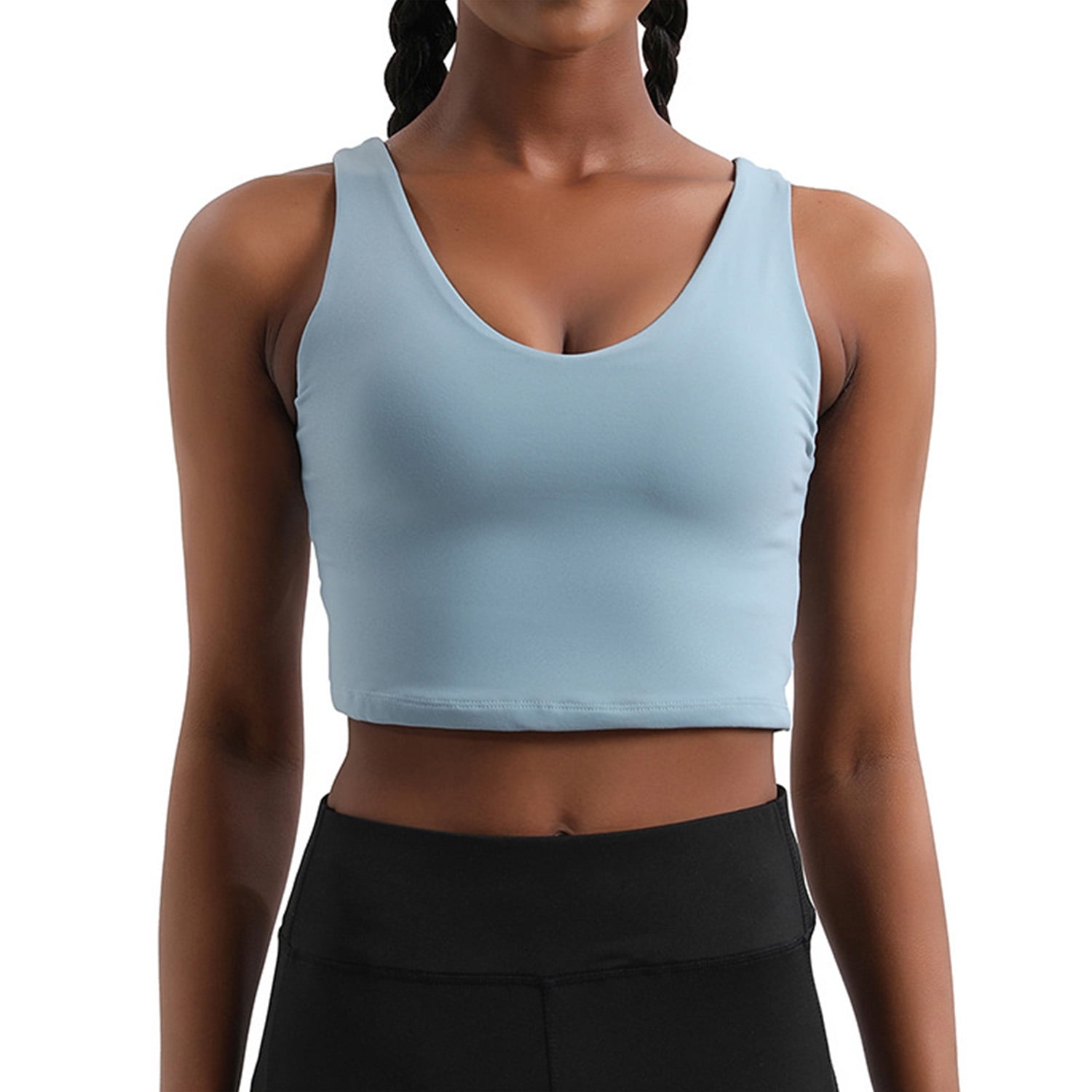 Women’s Longline Sports Bra Push Up Wirefree Yoga Bras Workout Fitness Running Tank Crop Top Blue, Small 