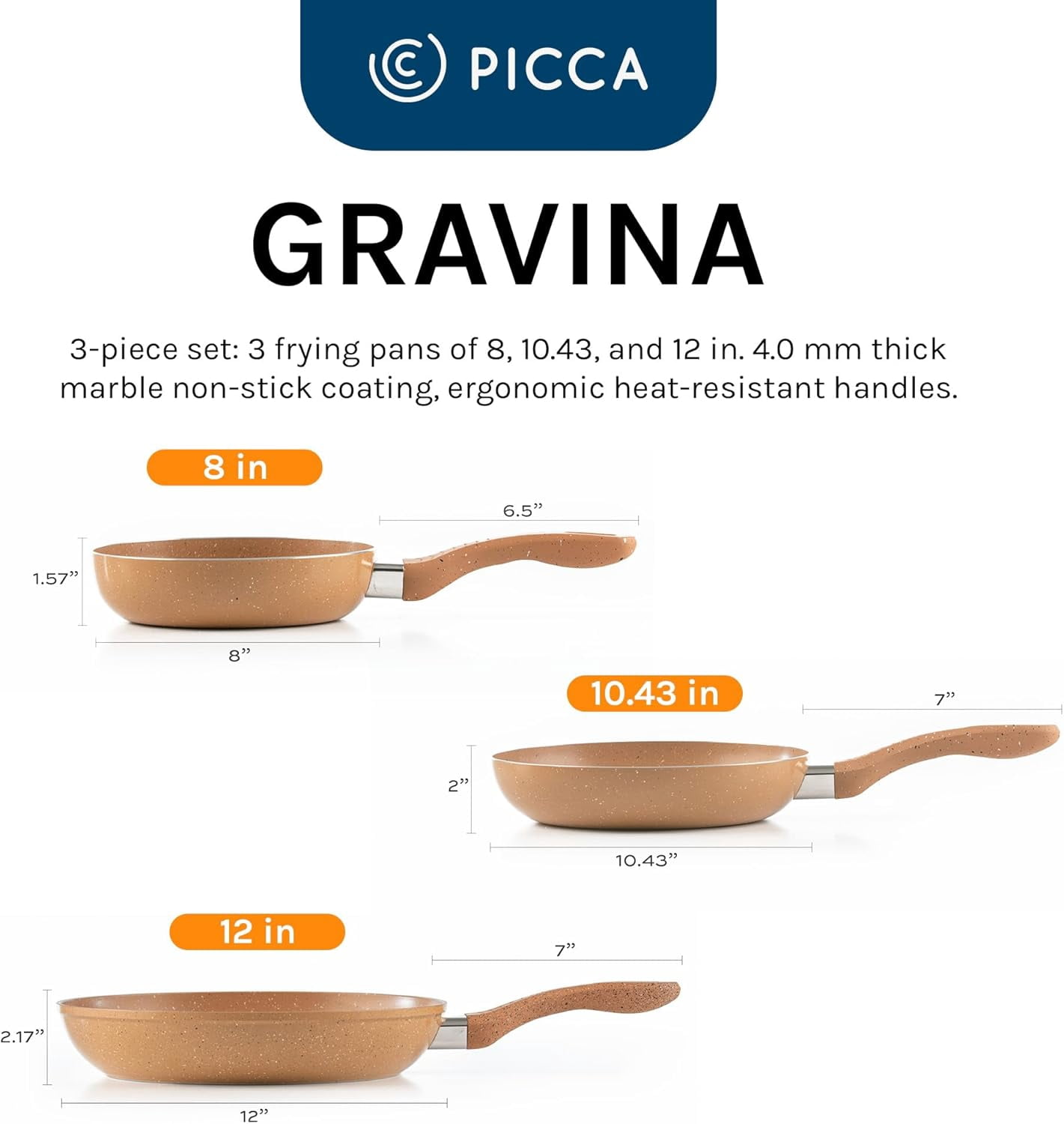 Picca Gravina 3-Piece Large Frying Pan Set - Easy Clean Marble Non Stick Cooking Pan Set with Mineral Based Coating - No PFAS/PFOS/PFOA - Light Brown - 8in, 10.4in, 12in