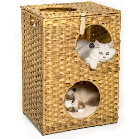 Rolife Cat House Wicker Cat Bed for Indoor Cats Woven Rattan Cat Condos Outdoor Sturdy Large Cat Furniture with Cushion,Beige