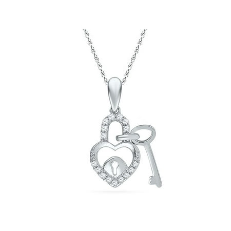 - 10K White Gold Diamond Heart Lock Key Dangle Necklace Pendant 1/10 Ctw.