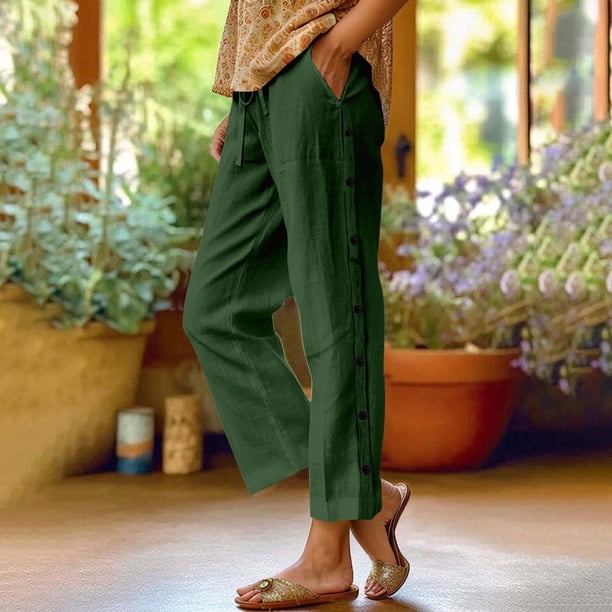 WILLBEST Pantalones Casuales de Verano Para Mujer, Diseño de Nueve Botones, Ideal Para Uso Diario, Estilo Cómodo Para Conjuntos de Manga Corta, Fácil Cuidado Con Opción de Lavado A Máquina.