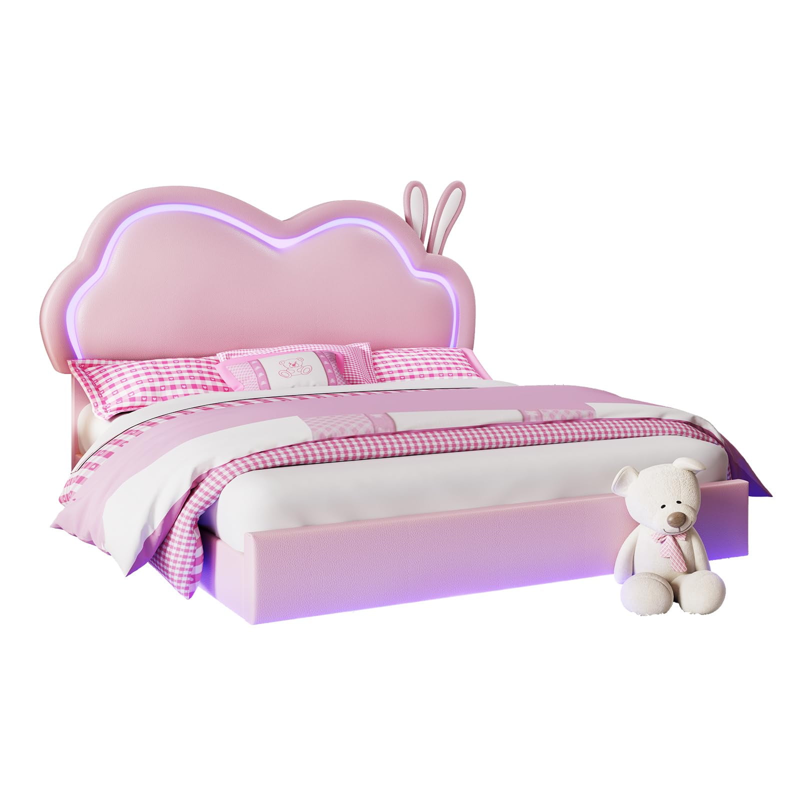 Merluxy Floating Full Bed Frame with Adjustable LED Headboard, Leather Upholstered Platform Bed Frame with Wood Slats Support, Easy Assembly, Pink
