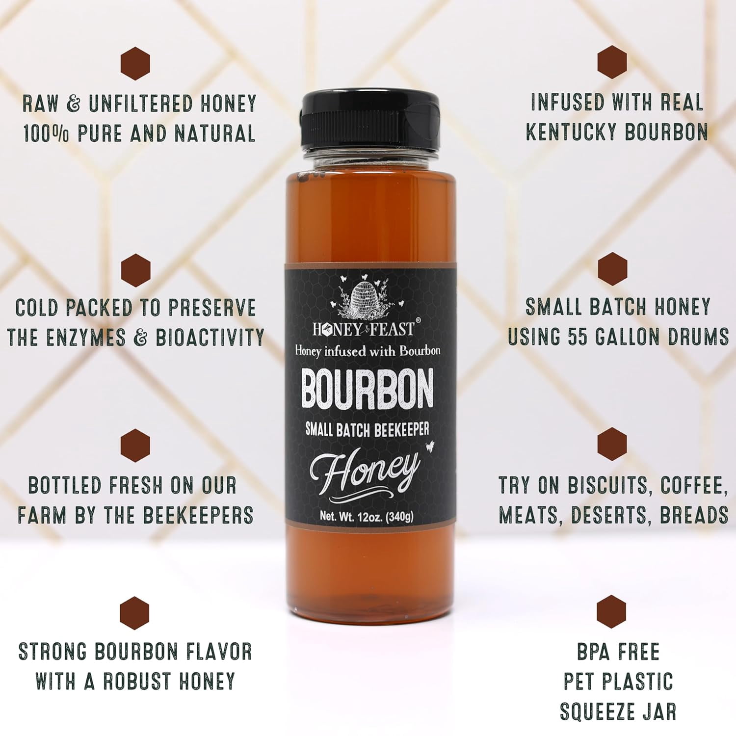 HONEY FEAST Bourbon Honey 12oz (Pack of 3) | Artisanal Small Batch Raw Honey
