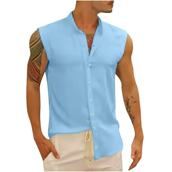 IYTR Mens Sleeveless Tee Shirts Sports Solid Color Summer Sleeveless Tank Tops Button Stand-up Collar Vest Shirts Blue L
