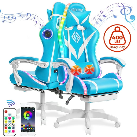 Hoffree Massage Gaming Chair with Bluetooth Speaker and RGB LED Lights, Ergonomic Video Game Chair High Back Swivel Office Recliner  Chair with Adjustable Footrest, Headrest and Lumbar Support