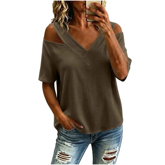 Setooff Womens Shirts, Cut Out Shoulder V Neck Short Sleeve Tops, Solid Oversized Tshirts for Women Casual Summer Blouse