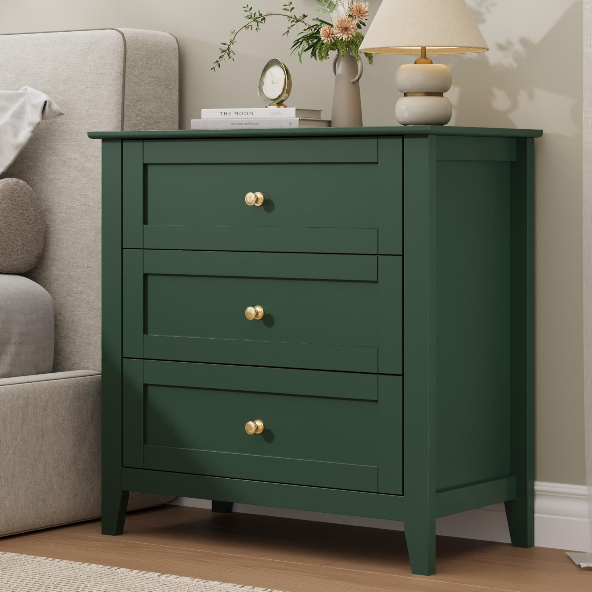 SOLLED Nightstand with 3 Drawers Bedside Table Storage Cabinet Modern Farmhouse End Table for Bedroom Living Room Entryway Sturdy Wood Frame