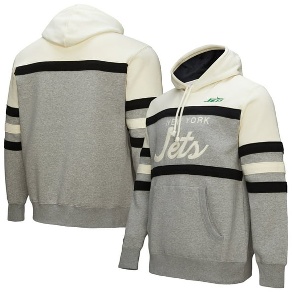 Men's-Mitchell & Ness Heather Gray New York Jets Head Coach Vintage Logo Pullover Hoodie