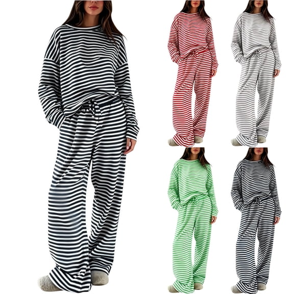 Women's Striped Print Crew Neck Long Sleeve Top Drawstring Waist Wide Leg Pants 2 Piece Outfit, Loose Loungewear Matching Set Black XL(XL)