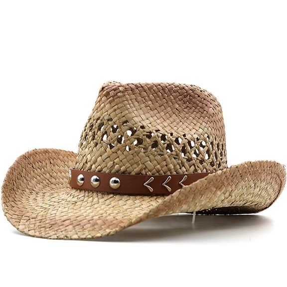 Western Cowboy Straw Hat for Men Women, Wide Brim Summer Sun Hat with Studded Leather Band, Breathable Hollow Out Beach Hat for Outdoor Travel Holiday, Classic Cattleman Style