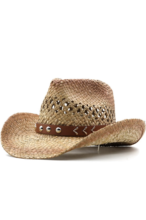 Wide Brim Straw Western Cowboy Hat Casual Sun Shade Cap with Adjustable Belt Buckle for Men Women Outdoor Beach Travel