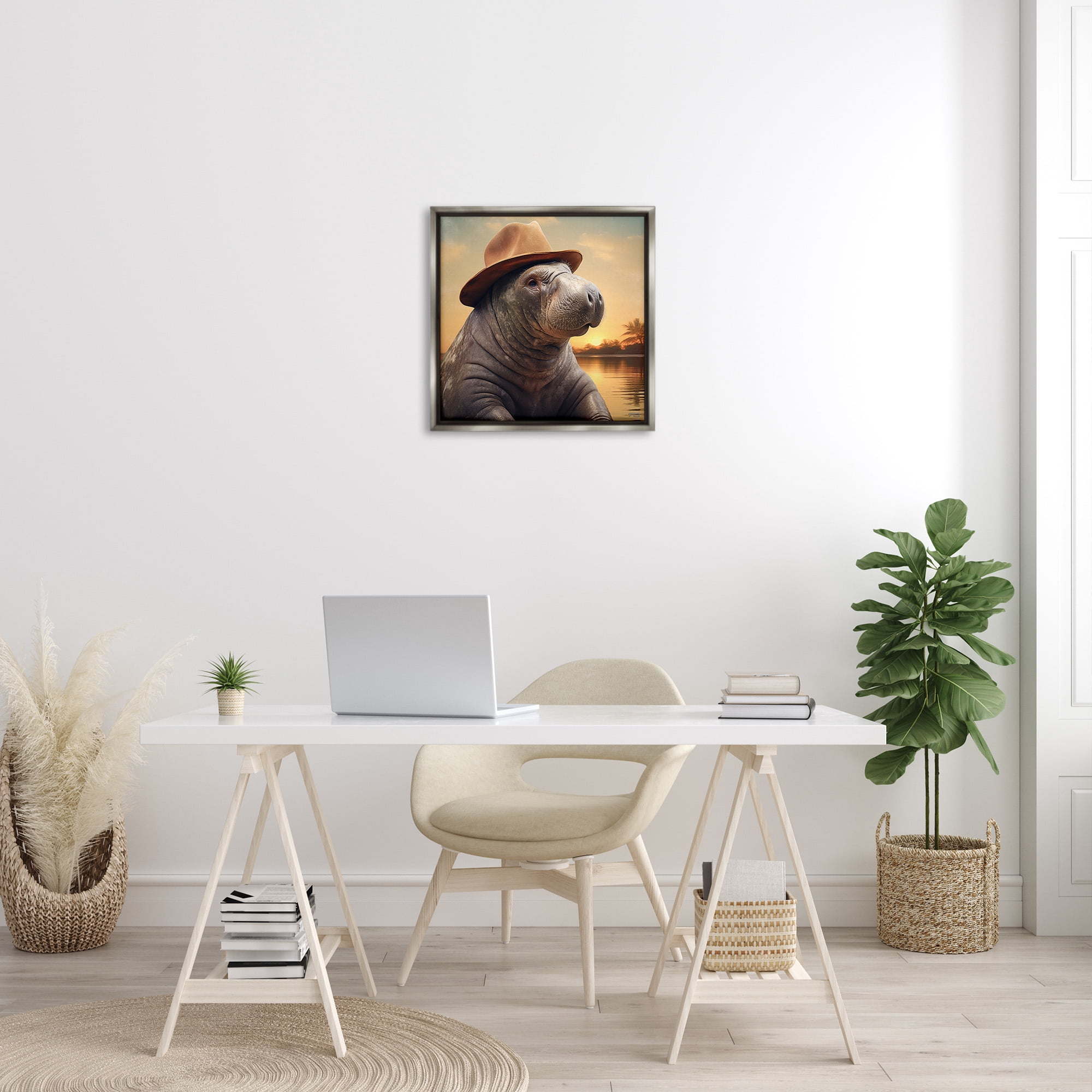 Stupell Industries Tropical Manatee at Sunset Animals & Insects Painting Gray Floater Framed Canvas Art Print Wall Art, 25 x 25