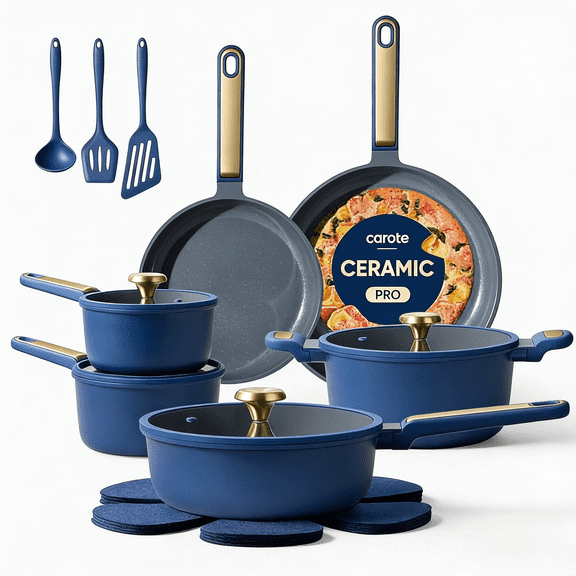 Carote 18-Piece Pots and Pans Set, Ceramic Nonstick Cookware Set with Utensils,Induction Compatible, Deep Blue