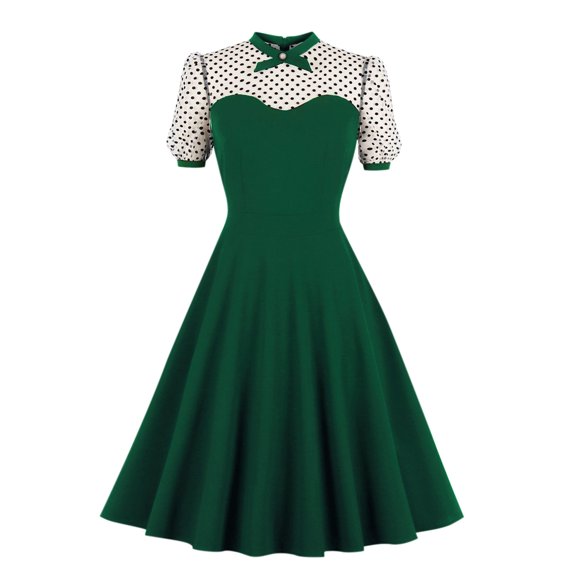 Lilgiuy Fashion Casual Women's Mesh Temperament Elegant Polka Dot Stitching Puffy Retro Swing Short Sleeve Zipper Dress Lightweight Swing Short Mini Dress