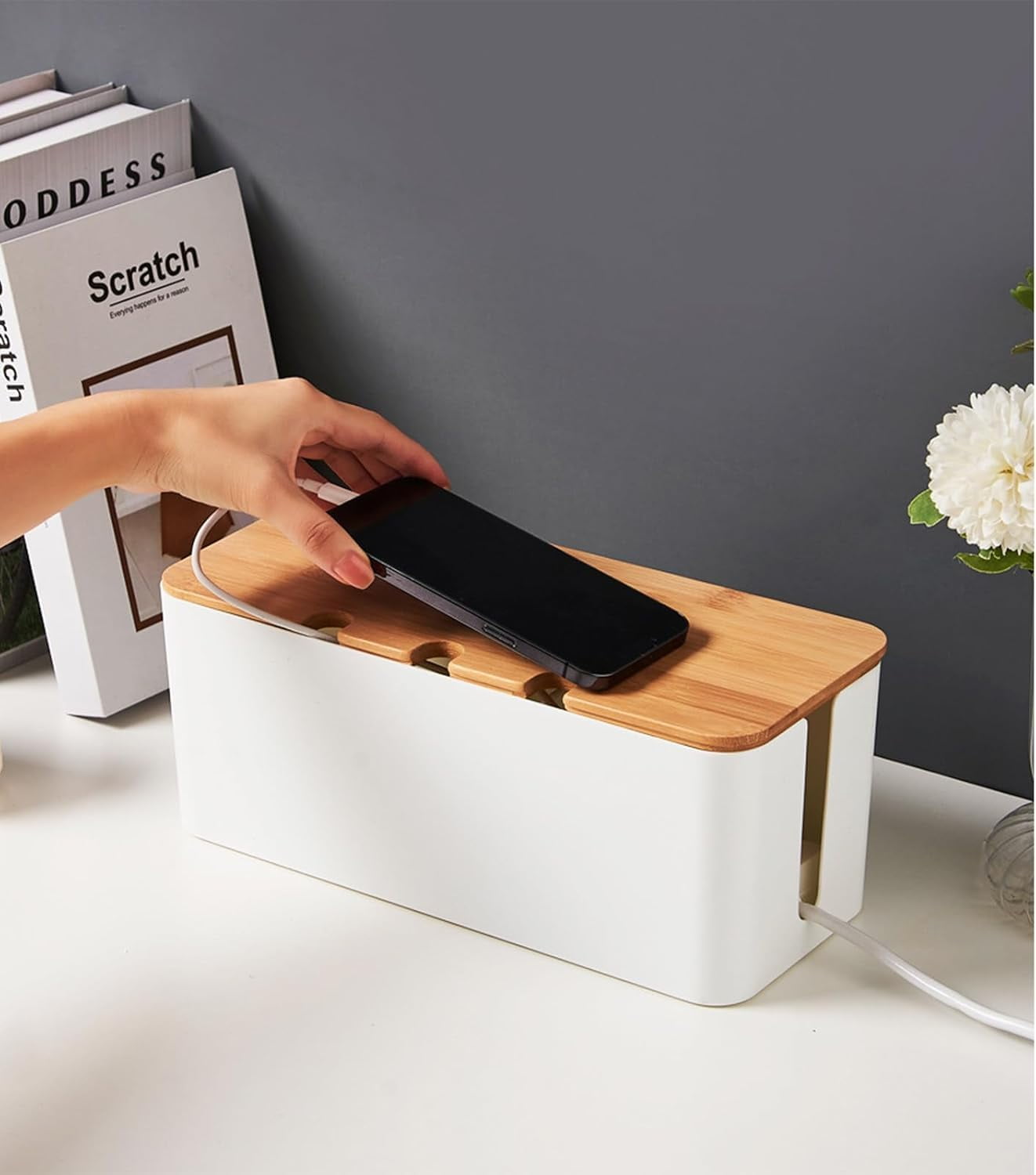 Extension Cord Organizer Cable Management Box Desk Cord Organizer for Office (Black bamboo cover with three holes)