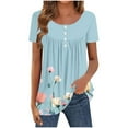 thumbnail image 2 of JTZGDY Floral Shirts for Women Loose Fit Vintage Graphic Summer Short Sleeve Henley Tops Trendy Oversized Dressy Casual Flowy Tunic Blouse to Hide Belly for Leggings Light Blue M, 2 of 7