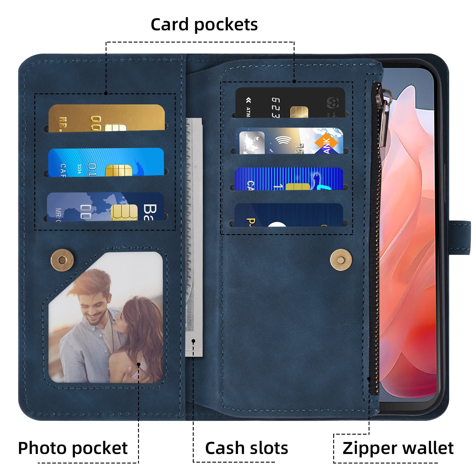 Asuwish Phone Case for Motorola Moto G Play 4G 2024 Wallet Cover With Tempered Glass Screen Protector Crossbody Wrist Strap Flip Pattern Zipper Credit Card Holder Cell XT2413V XT2413-1 64GB Men Blue