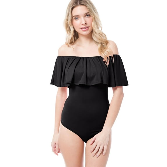 MixMatchy Women's Solid Ruffle Lace Off-Shoulder Short Sleeve Leotard Bodysuit